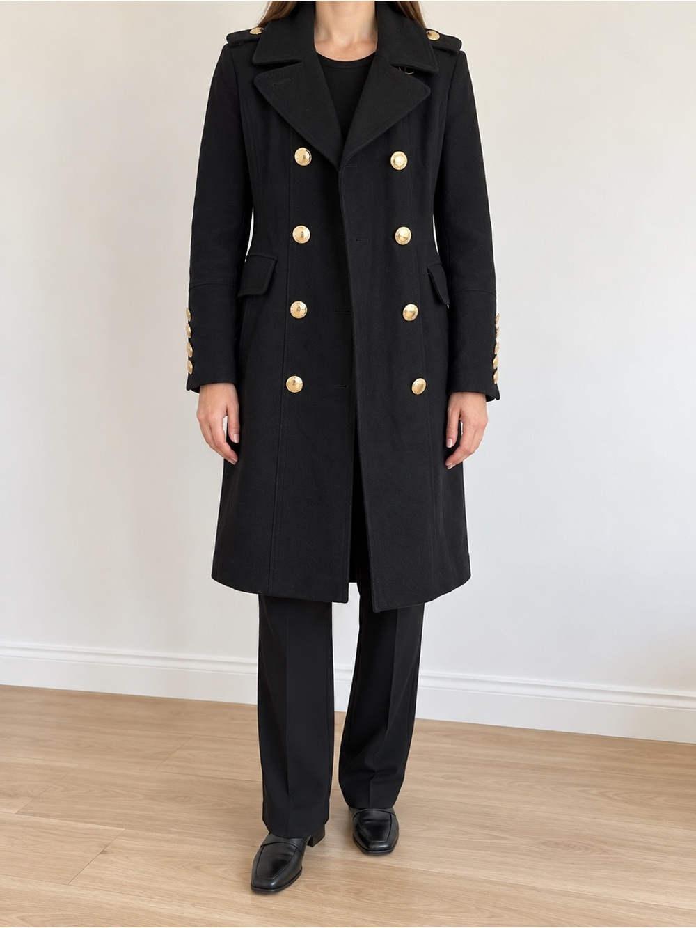 Calvin Klein Black Double-Breasted Pea Coat with Gold Buttons